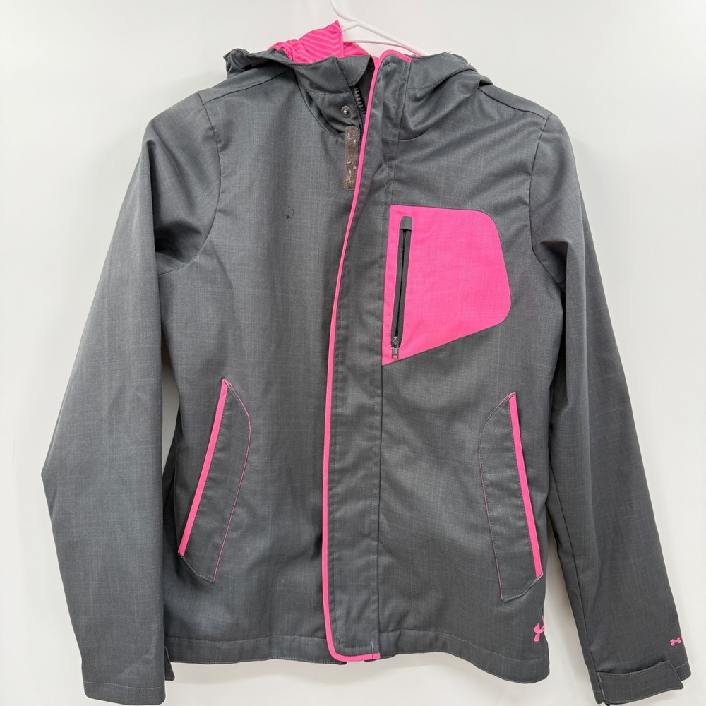 Under Armour Youth Gray Pink Hooded Rain Windbreaker Jacket